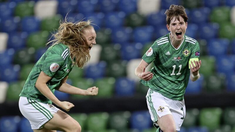 Northern Ireland captain on the night, Kirsty McGuinness (right) celebrates her goal in the 4-0 World Cup qualifier win over Latvia.<br />Photo Desmond Loughery/Pacemaker Press