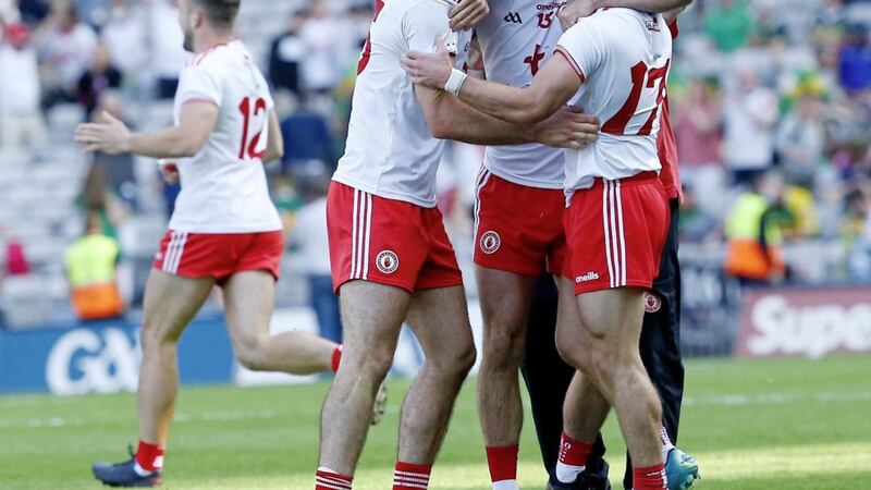 Tyrone celebrate at the end of the GAA Football All-Ireland Senior Championship final between Tyrone and Kerry at Croke Park Dublin on 08-28-2021. Pic Philip Walsh. 