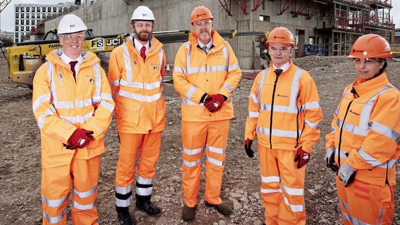 Work at the new Belfast Grand Central Station site is due to complete by 2024, with a full opening to the public in 2025. Pictured; Dominic Lavery, Managing Director, Farrans, Alejandro Mendoza Monfort, Sacyr, Operations Director UK and Ireland, Infrastructure Minister John O&rsquo;Dowd, Translink Group Chief Executive, Chris Conway and Translink Senior Programme Manager, Louise Sterritt. 