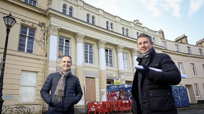 Cecil Hetherington (left) and Anthony Kieran (right) of Aurient Ltd at the former Regency House in south Belfast&rsquo;s Upper Crescent, which will undergo a &pound;2.5m restoration. Picture by Kelvin Boyes. 