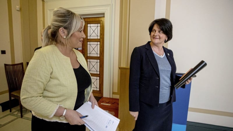 First Minster Arlene Foster (right) and Deputy First Minister Michelle O&#39;Neill (left) after the Northern Ireland Executive press conference 