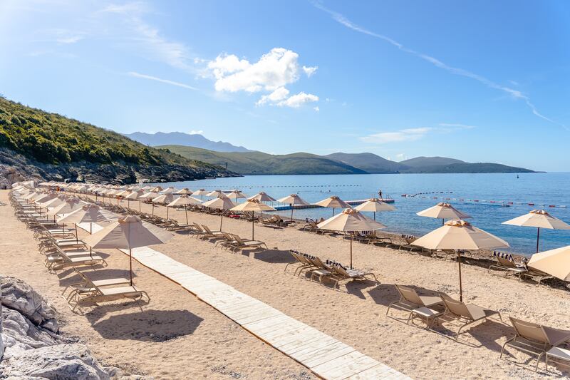 The Chedi Luštica Bay's private beach, which has its own bar and restaurant, offers sea views with mountain backdrop. 