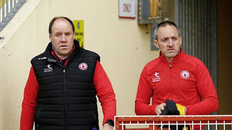 Tyrone&#39;s joint management team of Feargal Logan and Brian Dooher saw their side get off to a losing start against Donegal last weekend, and face a crunch clash with neighbours Armagh at the Athletic Grounds tomorrow. Picture by Philip Walsh 