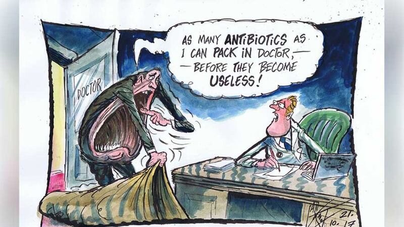 &nbsp; NI&rsquo;s antibiotic usage is a staggering 30% higher than England&rsquo;s, with 1.9m prescriptions issued annually according to chief medical officer Dr Michael McBride. 21/10/17 IAN KNOX cartoon.