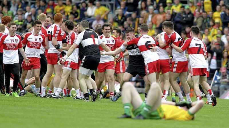 The Derry minors celebrate their one-point win over Donegal in the 2015 Ulster semi-final - a day of reckoning for the Oak Leaf county