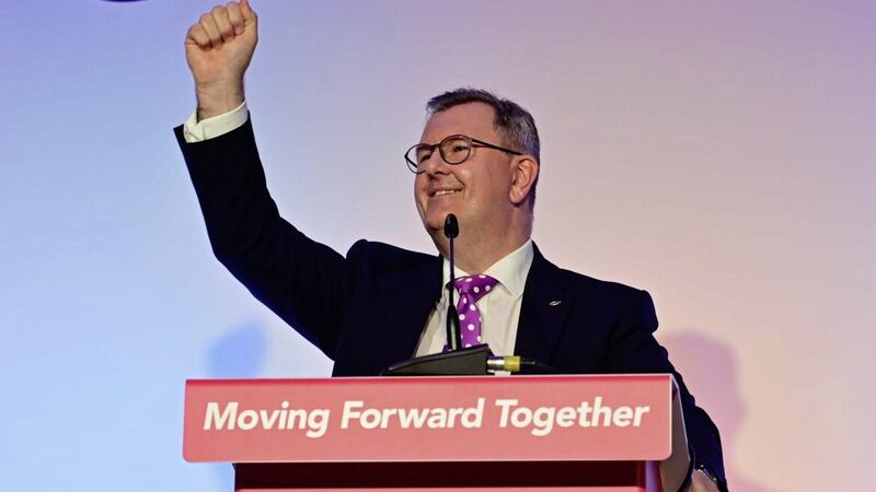 DUP leader Sir Jeffrey Donaldson during his first speech as party leader to the DUP&#39;s annual conference last year 