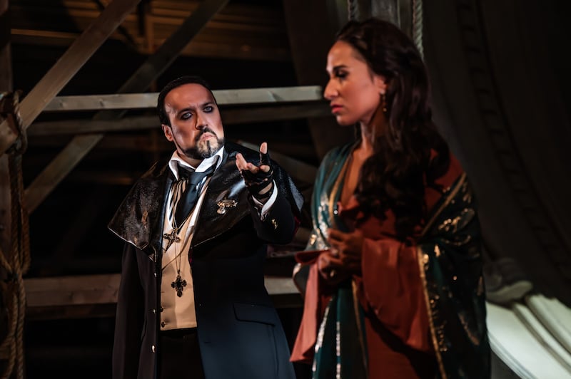 Scarpia (Brendan Collins) and Tosca (Svetlana Kasyan) in NI Opera's Tosca.  Picture by Neil Harrison