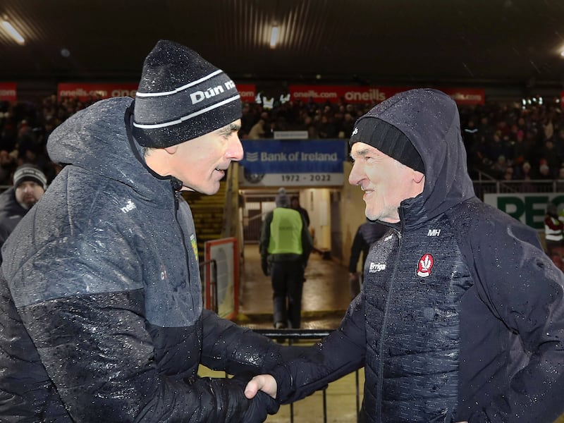 Derry manager Mickey Harte and Donegal manager Jim McGuinness shake hands on the final whistle following the Dr McKenna Cup Final earlier this year. Picture: Margaret McLaughlin