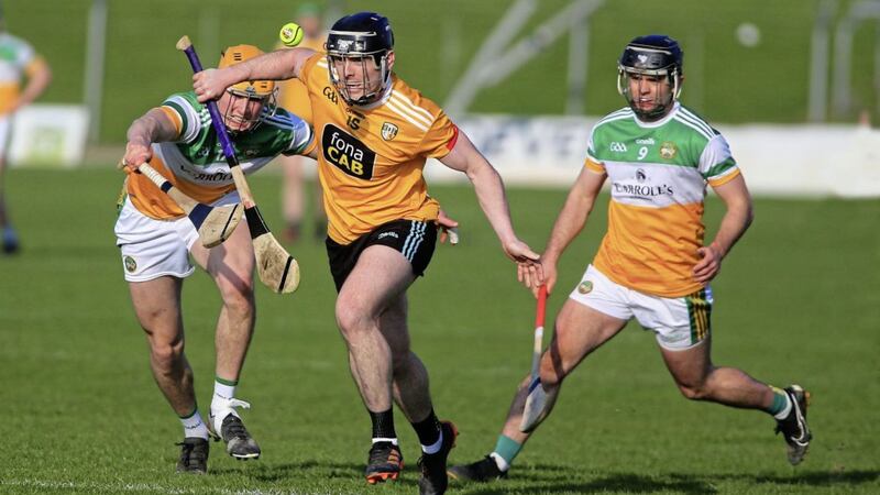 Antrim&#39;s Ciaran Clarke caused Offaly many problems in the NHL play-off between the sides in Navan Picture: Seamus Loughran. 
