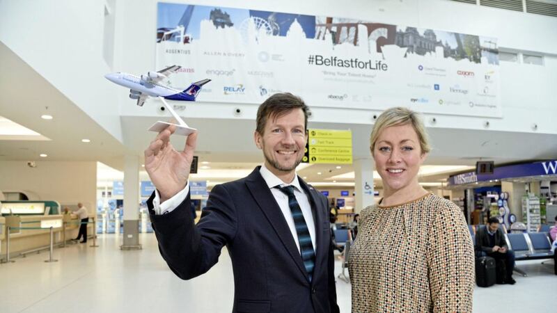 Belfast City Airport&#39;s Katy Best and Lufthansa&#39;s Christian Schindler announce the launch of the Brussels Airline service, which has been axed after less than a year 