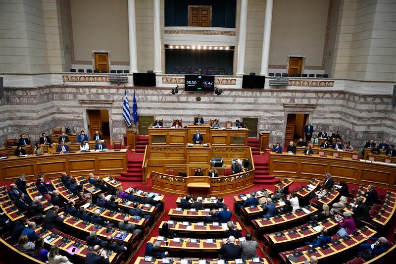 Greece’s Prime Minister Kyriakos Mitsotakis speaks during a debate in parliament on same-sex marriage (AP Photo/Michael Varaklas)
