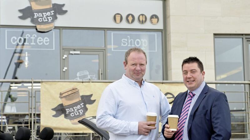 Pictured outside the new Paper Cup coffee shop are John McKinney, owner and James Eyre, commercial director at Titanic Quarter 