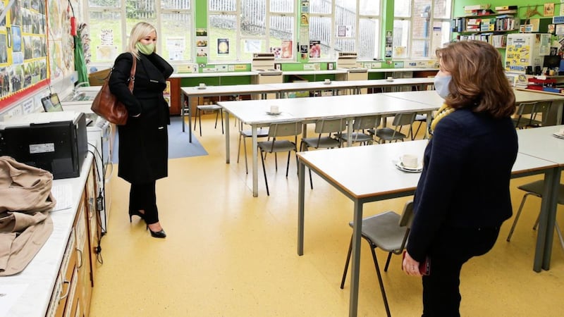 Michelle O&#39;Neill with school principal Isabel Russell 