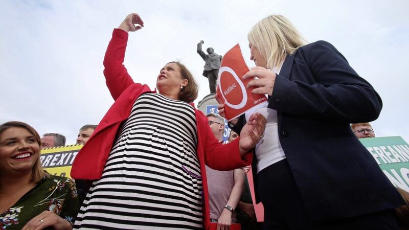 Sinn Fein Mary Lou McDonald and Michelle O&#39;Neill join with Irish Language rights campaigners at Stormont Picture Mal McCann. 
