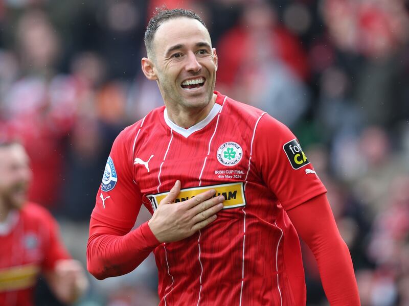 Cliftonville Sam Ashford celebrates after scoring the equaliser in the Clearer Water Irish Cup final against Linfield at Windsor Park
Picture: Pacemaker Press