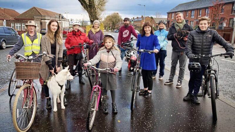Infrastructure Minister Nichola Mallon meets local residents&rsquo; group, the North Belfast Cycle Campaign. Pictured at site of proposed new cycle lane on Limestone Road. Picture by Brian Morrison 