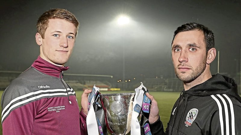 Brendan Rodgers of Slaughtneil Emmet's and  Aidan Branagan of Kilcoo Eoghan Rua ahead of Sunday's Ulster Club SFC final<br />Picture by Declan Roughan
