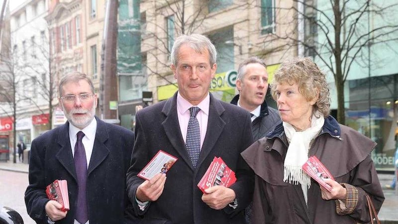Brexit campaigners Owen Paterson and Kate Hoey in Belfast city centre with DUP representatives Ian Paisley and Nelson McCausland. Picture by Hugh Russell