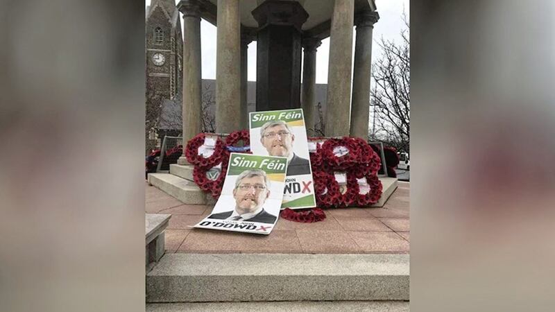 Sinn F&eacute;in election posters were put on a war memorial in Lurgan 