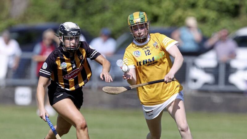 Antrim's Aine Magill gets away from Kilkenny's Tiffany Fitzgerald during the Saffron's win over Kilkenny in their All-Ireland Intermediate Championship opener in Pearse Park, Dunloy. The sides will meet against in Sunday's final at Croke Park Picture: John McIlwaine