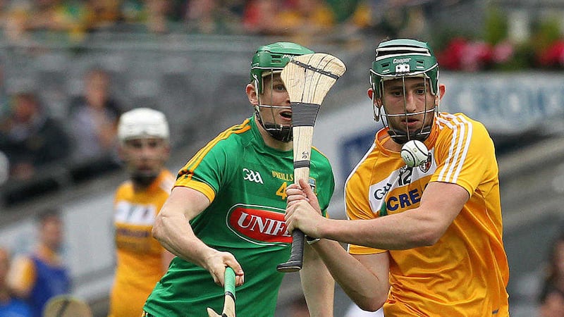 Antrim ace James Connolly in action against Meath&#39;s Ronan Sherlock in the Christy Ring final earlier this month 