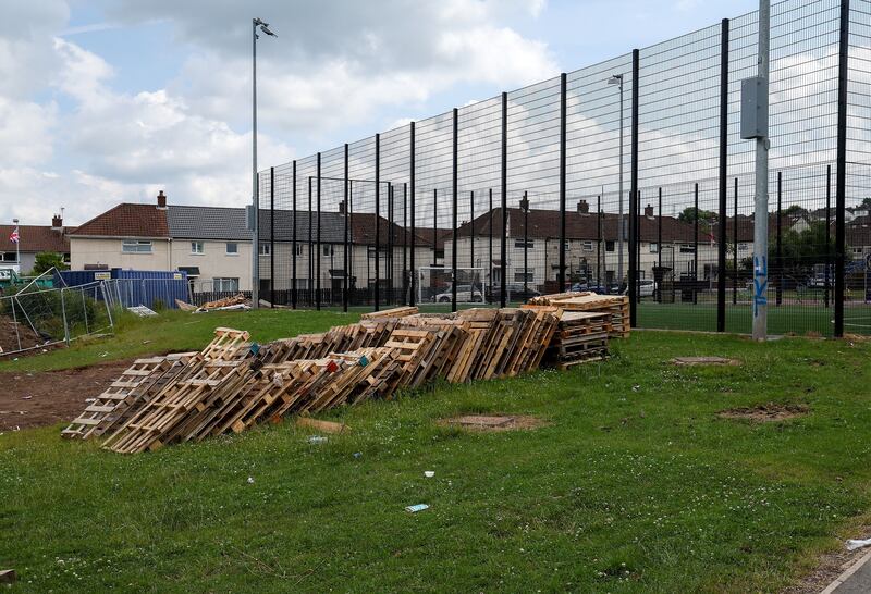Bonfire materials and pallets at the rear of Lisnasharragh Leisure Centre in east Belfast.