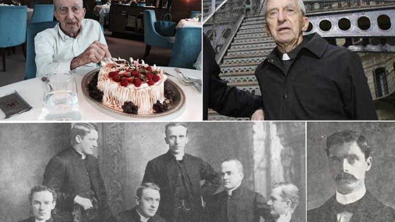 (Clockwise from top left) Fr Joseph Mallin celebrated his 102nd birthday at the weekend in Hong Kong. Fr Mallin on a visit to Kilmainham Gaol during a trip home. Dublin-born Michael Mallin was among the 1916 leaders executed by British forces. Curates to St Mary's Pro-Cathedral pictured in 1916; Fr John G O'Reilly, standing, far left, and Fr Edward J Byrne, seated, second left