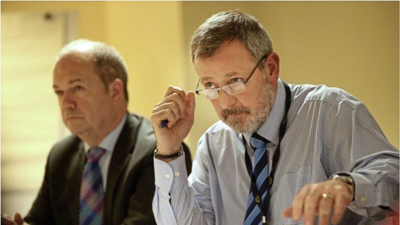 Chief Medical Officer Michael McBride (left) and Permanent Secretary Pichard Pengelly talk to the press about the neurology recall scandal. Picture by Hugh Russell 