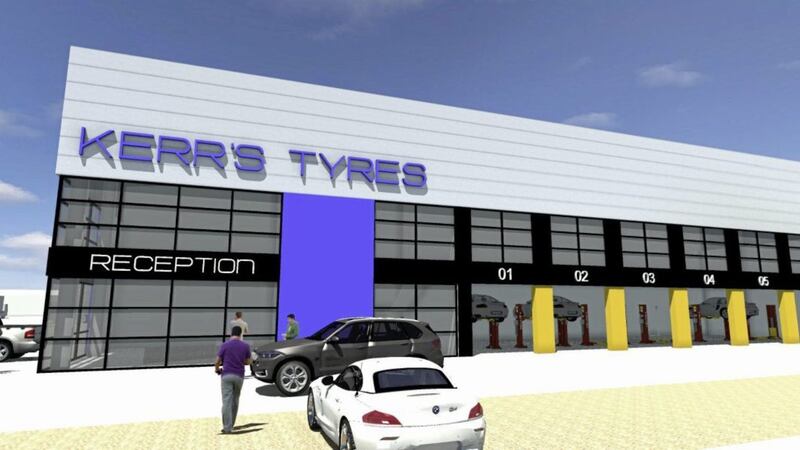 What the new Antrim headquarters for Kerr&rsquo;s Tyres &amp; Auto will look like. The facility is set to completed in early 2018 and be one of the largest retail tyre centre in the UK and Ireland. 