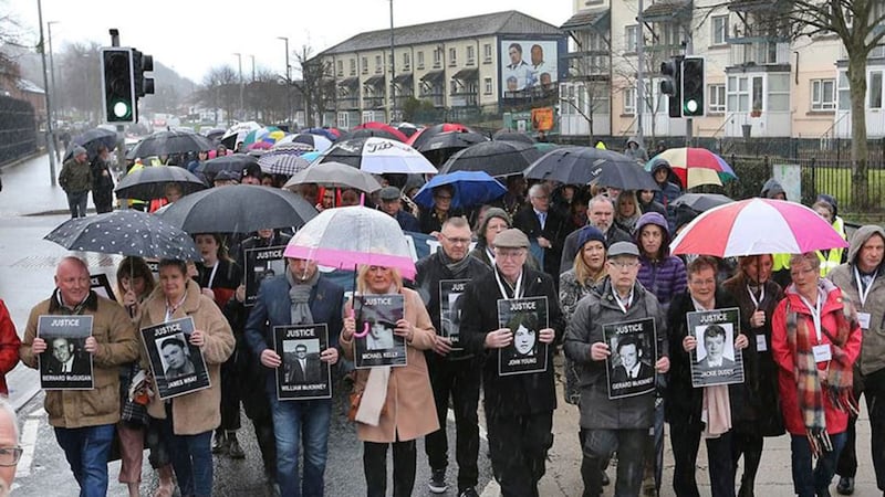 &nbsp;Families of those who died on Bloody Sunday march through the Bogside in Derry ahead of an announcement over the prosecution of 17 former British soldiers and two former members of the Official IRA in connection with the events in the city in January 1972. Picture by Margaret McLaughlin