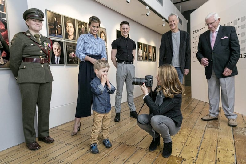 Photographer Kim Haughton with some of those featured in the portraits &ndash; (from left) Defence Forces captain Ciara Ni Ruairc, former Rose of Tralee Maria Walsh, Charlie O&#39;Connell, grandson of former president Mary McAleese, ballet dancer Gearoid Solan, sculptor Rowan Gillespie, and producer Sheamus Smith 