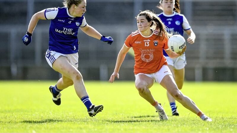 Aimee Mackin of Armagh in action against Laura Fitzpatrick of Cavan during the TG4 All-Ireland Senior Ladies Football Championship Group 2 Round 2 match between Armagh and Cavan at St Tiernach's Park in Monaghan. Picture: Ben McShane/Sportsfile.