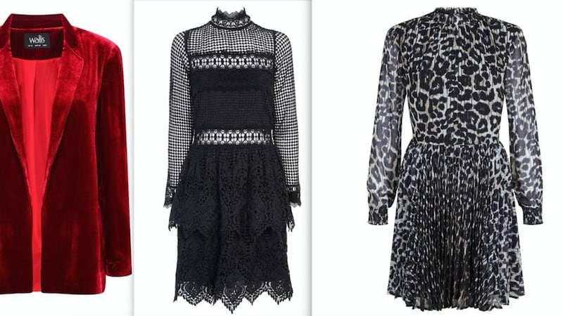 Red Velvet Suit Jacket &pound;60 @ Wallis; Black Ruffle Dress &pound;99 @ Miss Selfridge; Animal Print Dress &pound;29.99 @ New Look 