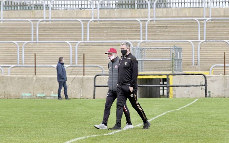 Tyrone manager Mickey Harte and Gavin Devlin walk the pitch before the Red Hands took on Donegal in the Allianz League match at Ballybofey on Sunday October 18 2020. Picture by Margaret McLaughlin.