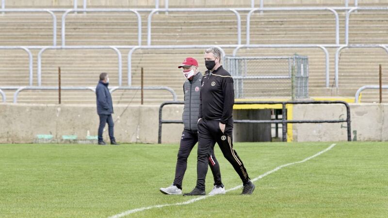 Tyrone manager Mickey Harte and Gavin Devlin walk the pitch before the Red Hands took on Donegal in the Allianz League match at Ballybofey on Sunday October 18 2020. Picture by Margaret McLaughlin.