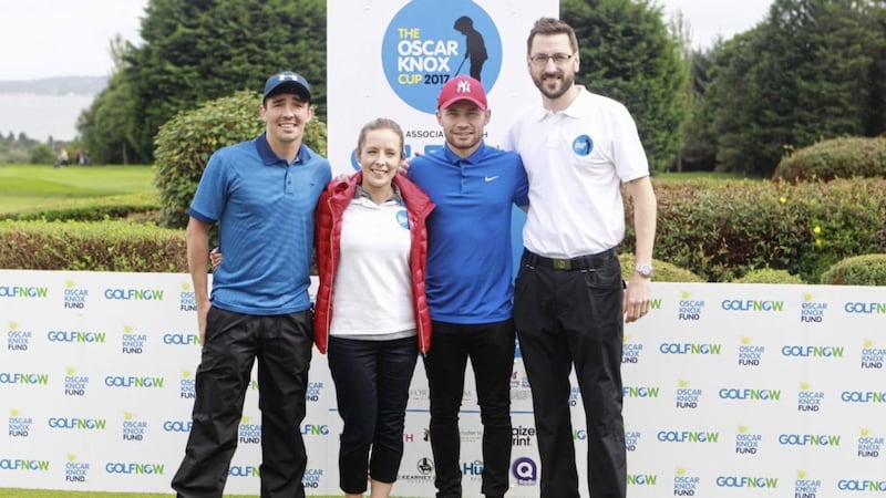 Boxers Jamie Conlan and Carl Frampton joined Leona and Stephen Knox in support of the Oscar Knox Cup held in Fortwilliam Golf Club. Picture by Matt Bohill 