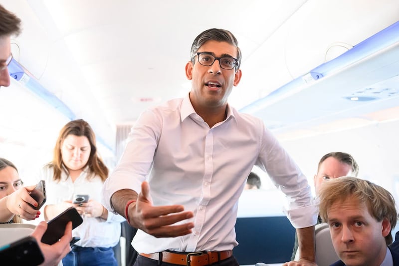 Prime Minister Rishi Sunak speaks to members of the travelling media during his flight to San Diego, US 