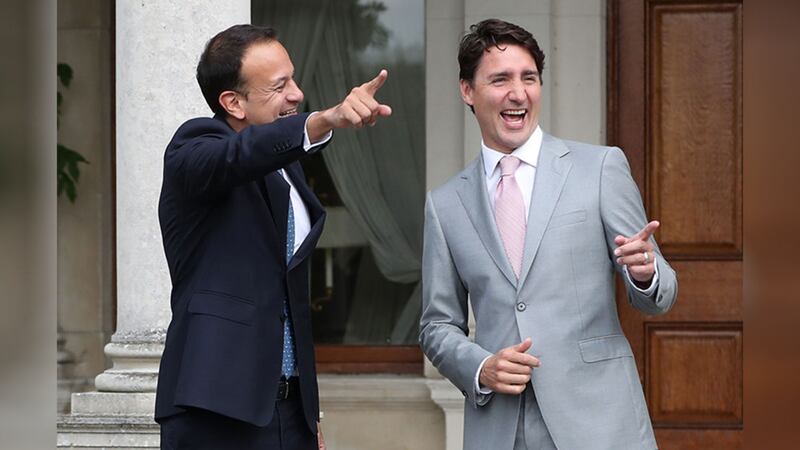 Canadian Prime Minister Justin Trudeau (right) is welcomed to Farmleigh House in Dublin by Taoiseach Leo Varadkar. Picture by&nbsp;Niall Carson, PA Wire