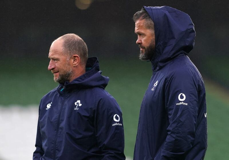 Ireland head coach Andy Farrell, right, and assistant Mike Catt, left, are still awaiting news on Dan Sheehan's foot issue
