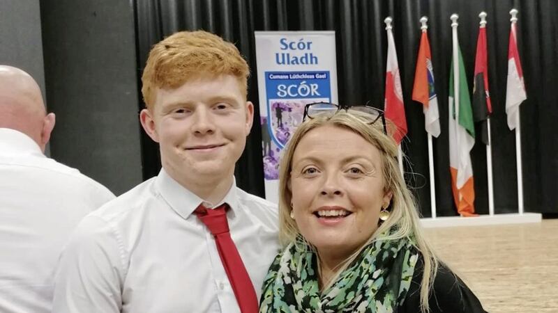 Cillian McLaverty with his proud mu, Theresa after placing first in the Ulster Scor na nOg semi-final. He will now represent Cloch Fhada and County Down in the Ulster final on Saturday, January 4 in Three Mile House, Monaghan 