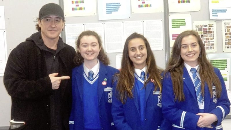 John Cusack pictured with, from left, Sophie Leonard, Yasmin Fitzpatrick and Kirsten Gregg. Picture by Assumption Grammar School 