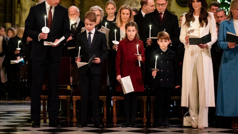 Prince of Wales, Prince George, Princess Charlotte, Prince Louis and Princess of Wales during the Royal Carols – Together At Christmas service at Westminster Abbey in London