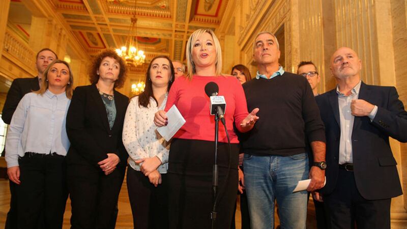 Sinn Fein's Michelle O'Neill addresses the media at Stormont today. Picture Mal McCann&nbsp;