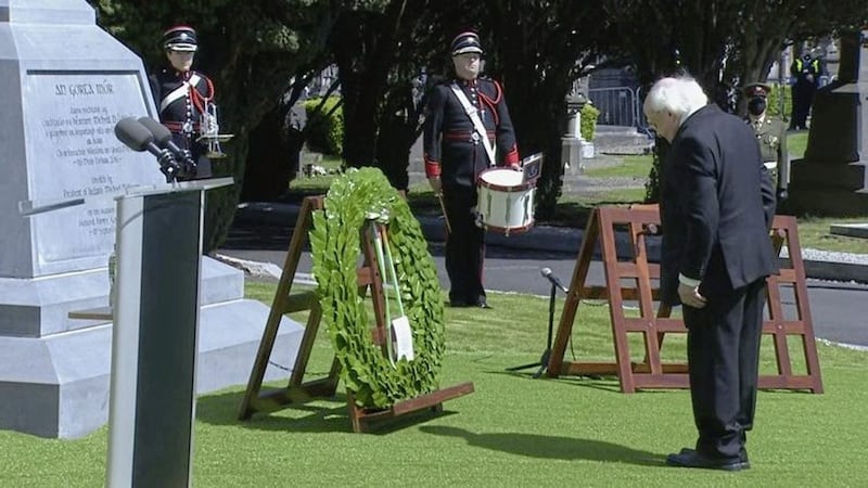 President Michael D Higgins lays a wreath at the commemoration 