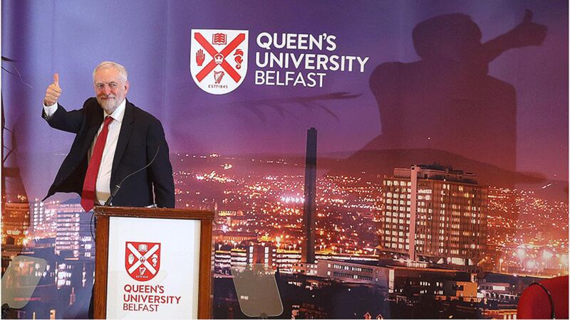 &nbsp;Jeremy Corbyn at Queen's University Belfast. Picture by Hugh Russell