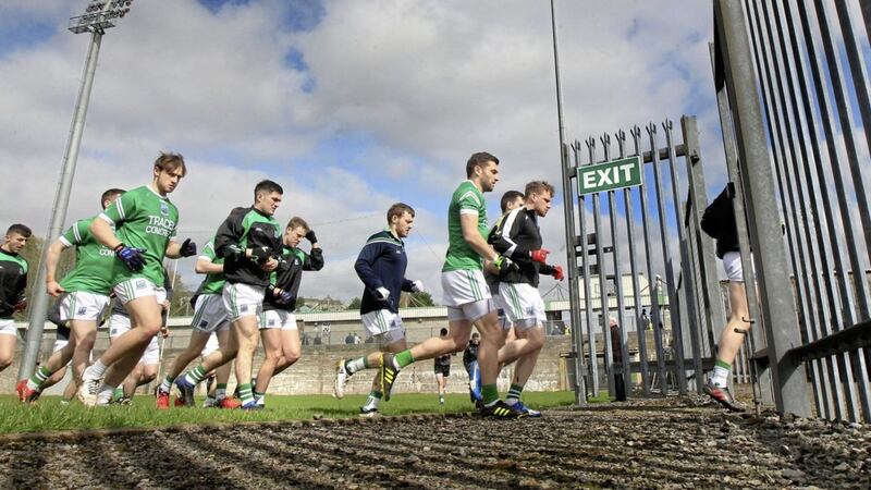 Fermanagh on the warm up pitch before taking on Derry during their NFL match at Brewster Park on Sunday. Picture by Margaret McLaughlin 