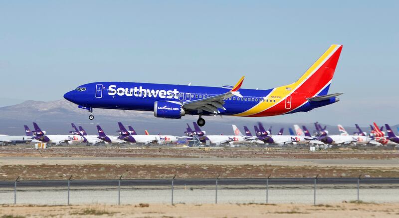 A Southwest Airlines Boeing 737 Max aircraft lands at the Southern California Logistics Airport (Matt Hartman/AP)