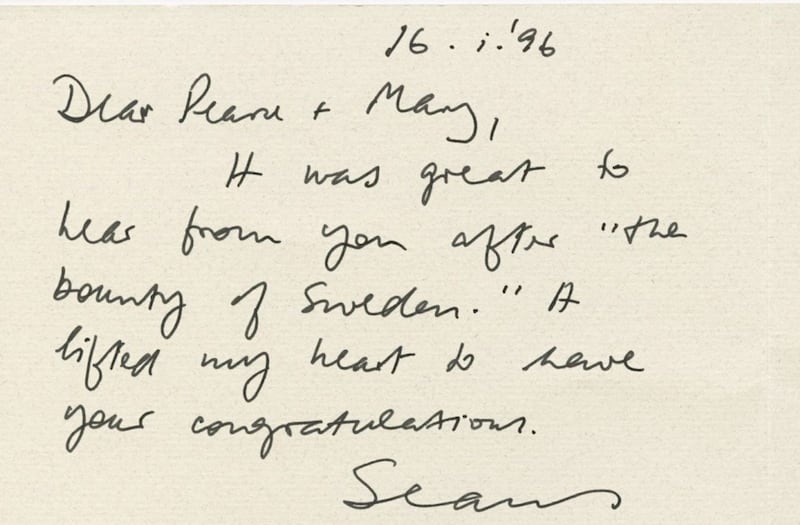 A letter from Seamus Heaney to Mary and Pearse O&#39;Malley about his Nobel prize in 1996. Picture by Hardiman Library, NUI Galway 
