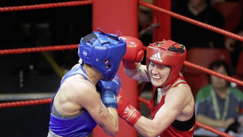 Michaela Walsh had too much skill and strength for Kelsey Leonard in Saturday night&#39;s Irish featherweight final at the National Stadium. Picture by Hugh Russell 