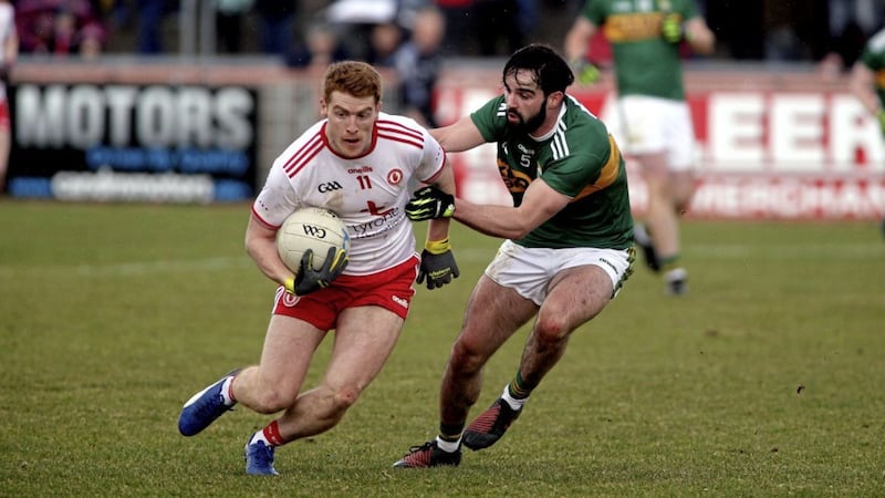 Tyrone&#39;s Peter Harte comes under pressure from Kerry&#39;s Cormac Coffey at Healy Park, Omagh. Picture: Seamus Loughran. 
